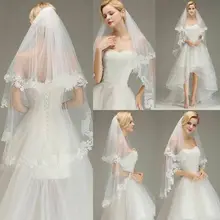 Женская свадебная фата длиной до локтя, два слоя, кружевная кромка, дизайн для новобрачных