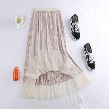

Spot 265 spring new high waist slim medium length Sequin large swing A-line pleated mesh skirt women's skirt