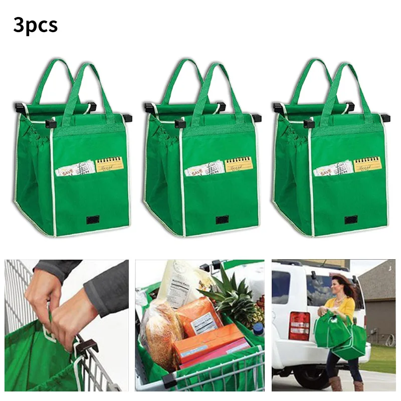 

3 Pics Green Storage Bags Reusable Large Trolley Clip To Cart Grocery Supermarket Shopping Bags Portable Foldable Tote Handbag
