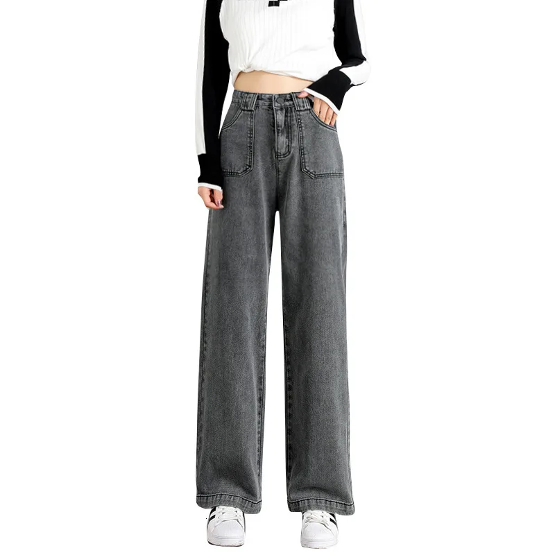 Koop #3208 2020 Herfst Toevallige Hoge Taille Boyfriend Jeans Voor Vrouwen Blauw Grijs Hoge Taille Wijde Pijpen Jeans Losse Volledige lengte Straight