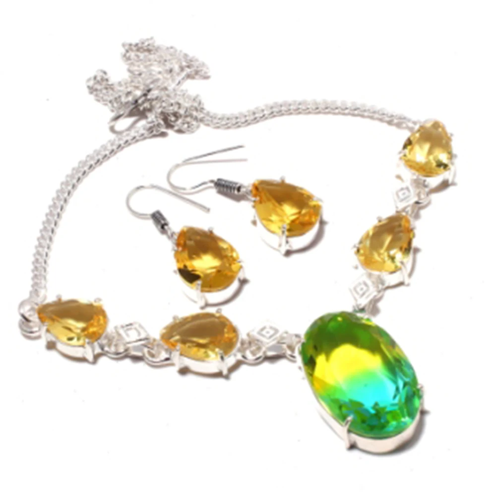 Солнечные кварты ожерелье Peridots + ювелирный набор серебряное покрытие над медью 43