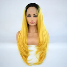 Парики из натуральных длинных волнистых волос с эффектом омбре, черного и желтого цветов, термостойкие синтетические волосы на кружеве, вечерние парики для косплея