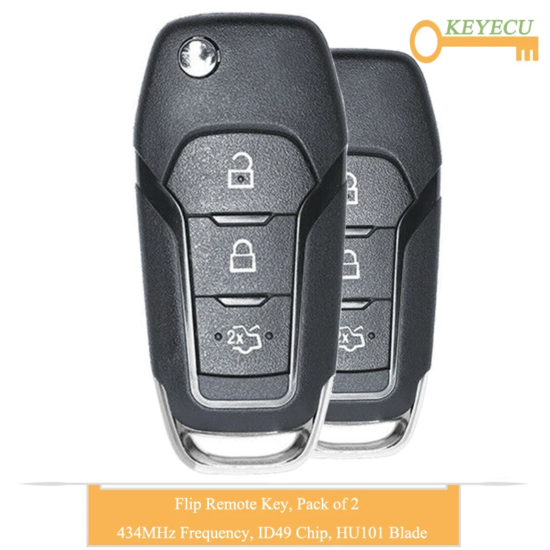 

KEYECU 2PCS Flip Remote Control Car Key for Ford Escort / New Mondeo 2014-2017, Fob 3 Buttons - 434MHz - ID49 Chip - HU101 Blade