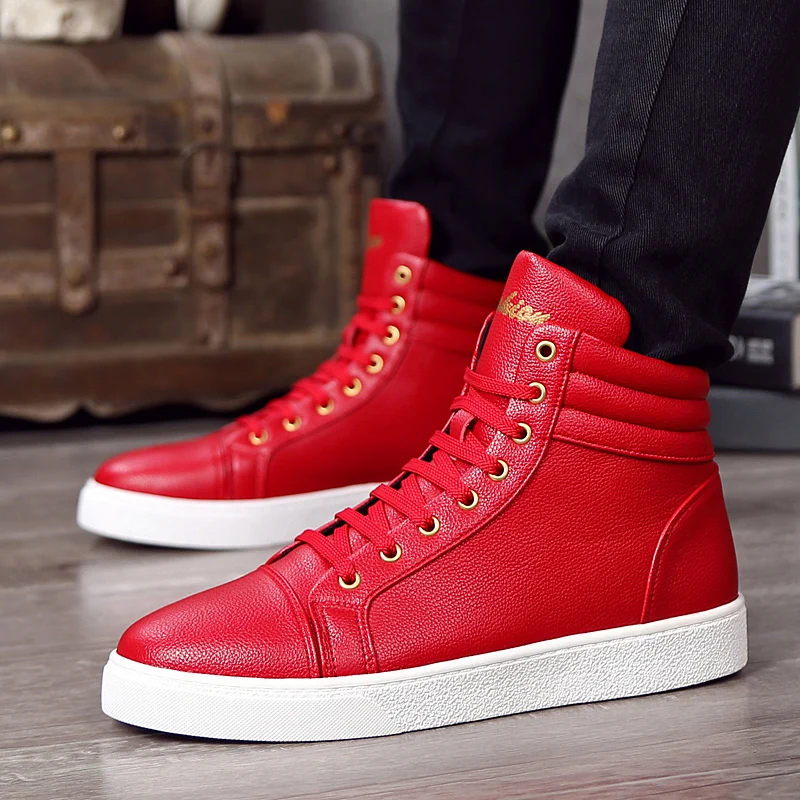 red and black high top shoes