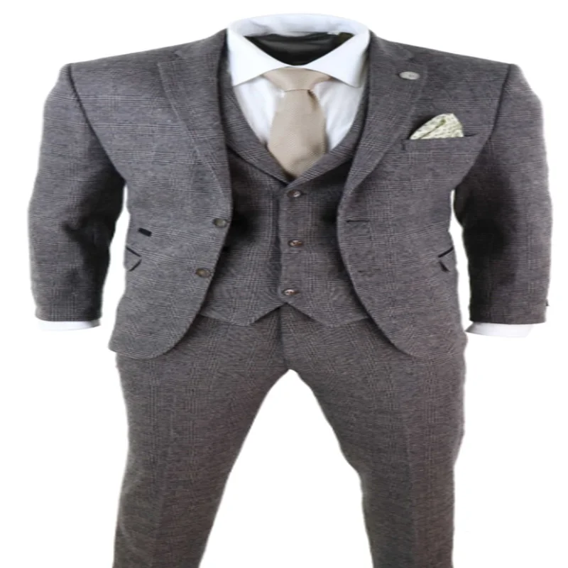Коричневые мужские костюмы из шерсти 3 шт клетчатый костюм Homme Tweed Fit Peaky Blinders Gatsby 1920s костюм