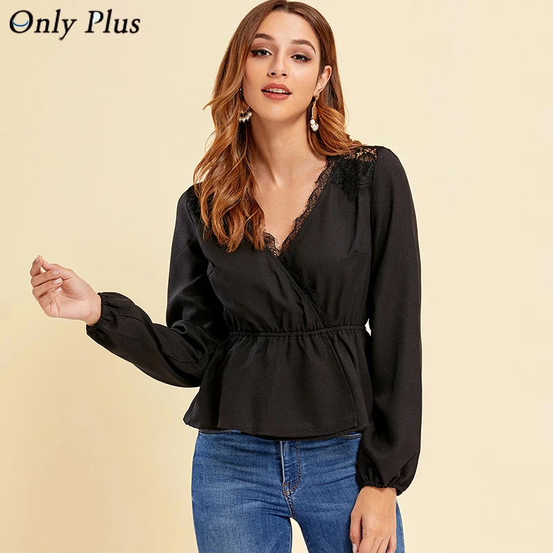 Женская блузка с запахом Only Plus черная прозрачная рубашка глубоким v образным