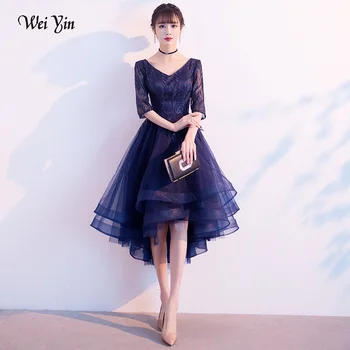 

wei yin AE0413 New Sweet Lace Evening Dress V-neck Sleeveless Navy Blue Short Front Long Back Party Gown Formal Dresses