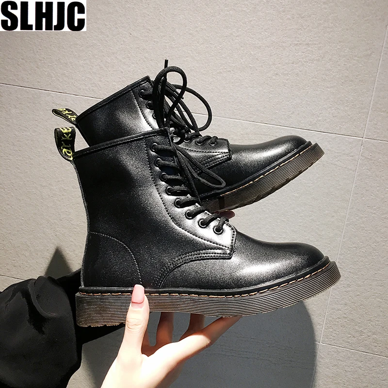 

SLHJC 2019 Autumn Leather Martin Boots Round Toe Lace Up low Heel Short Motorcycle Boots Student Casual Pumps Shoes