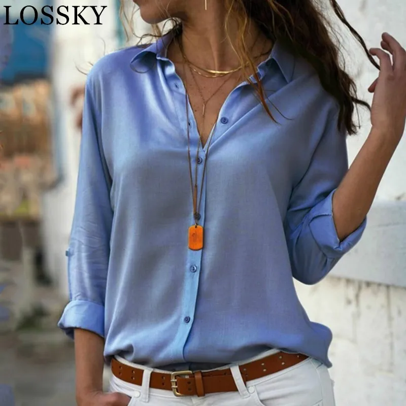 Casual Loose Women Blouse Shirts 2019 Autumn Basic V Neck Plus Size Blouse Long Sleeve Buttons White Shirt Women Tops Clothing