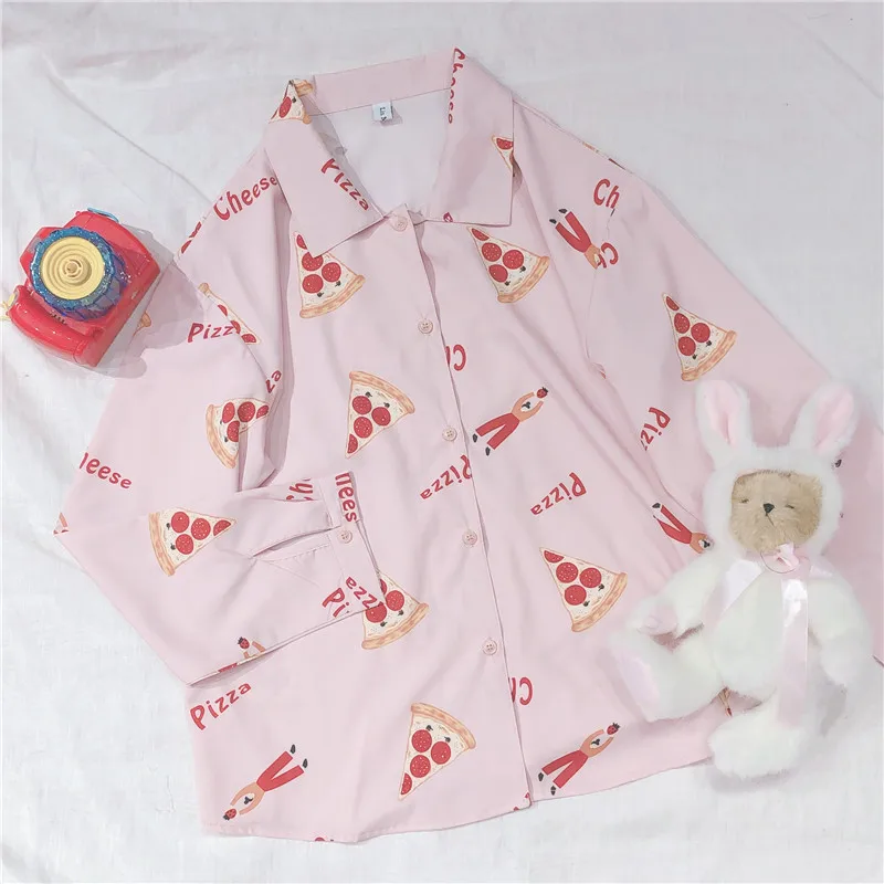 Осенние новые японские Для женщин рубашка с длинными рукавами милые пицца принт Топы Kawaii молодая девушка, студентка Bestie модные Повседневное Свободная рубашка