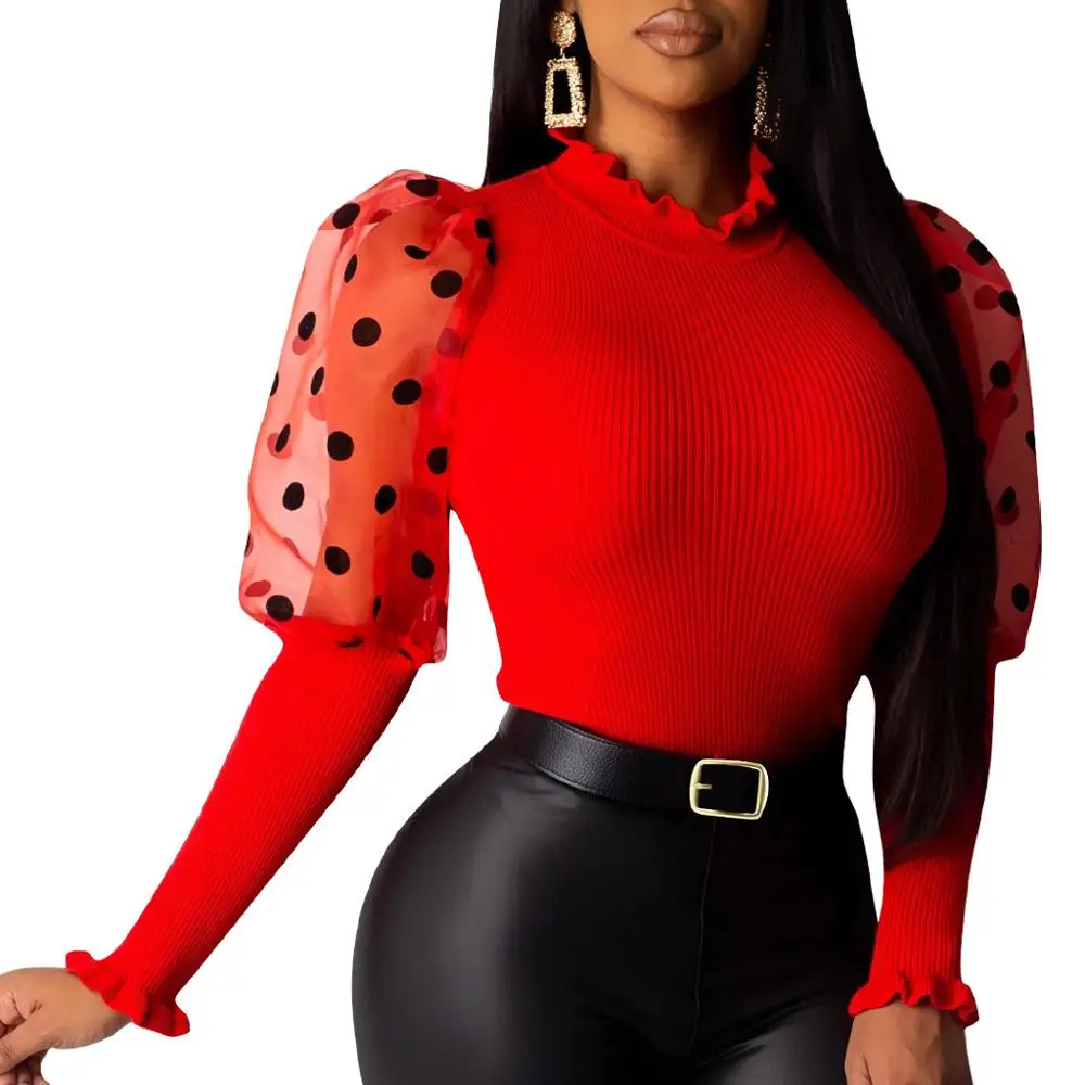 

Casual Knit Ribbed Blouse O-neck Slim Mesh Puff Sleeve Stretch Top Dots Female 2020 Spring Womens Tops And Blouses 7 Color