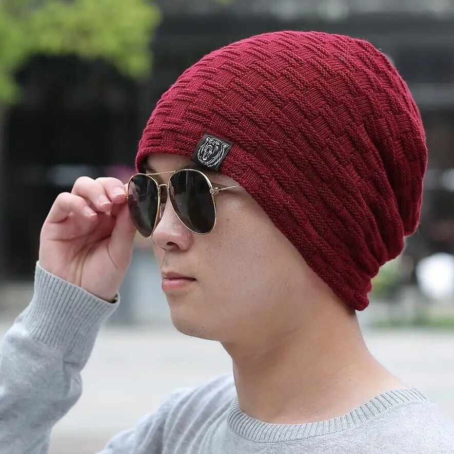 Новая модная этикетка для одежды Skullies Beanies мужские зимние плюс бархатные толстые шляпы теплые трикотажные шапки для мужчин капот высокого качества - Цвет: red wine