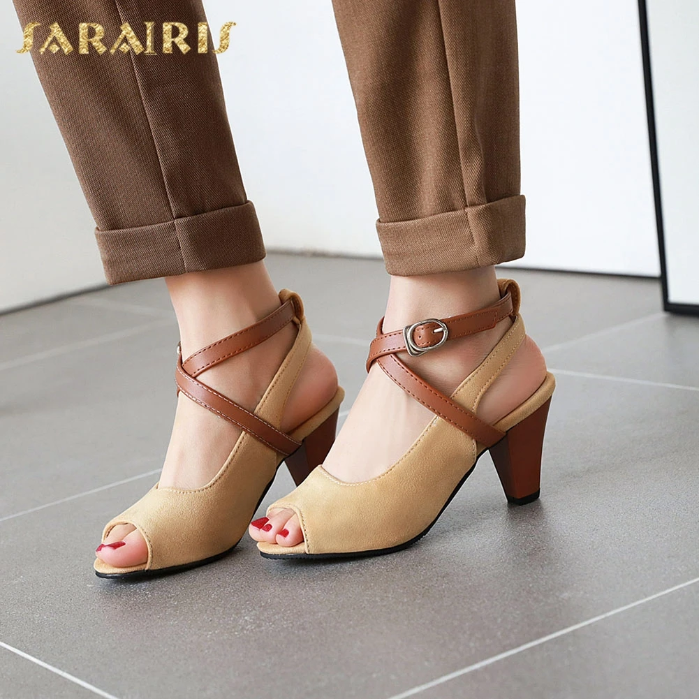 

Sarairis Hot Sale 2020 Plus Size 34-48 Flock Hoof Heels Shoes Woman Sandals Female Peep Toe Buckle Strap Office Pumps Women