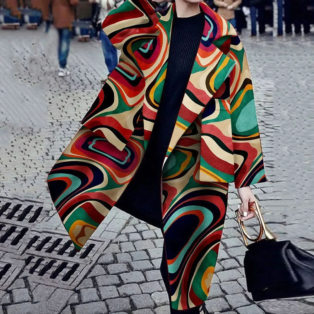 

Fall Fashion Trench Female Color Block Print Long Coat Women Oversize Clothing Casual Boho Plus Size Overcoat Lapel 3XL New 2019