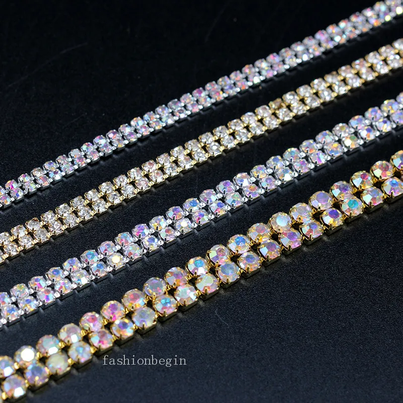 1 ярд 2-рядная ss6 ss8 ss12 ss16 crystal clear/AB Стразы Золотой/посеребренный Кубок коготь Тесная цепь шить на Diamantes лентой отделка