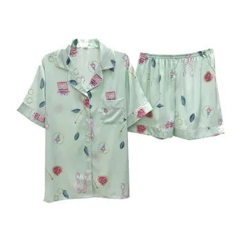

Fiklyc Summer Pajamas Female Ice Silk Cartoon Printed Cardigan Home Service Thin Section Fashion Short-Sleeved Shorts Suit