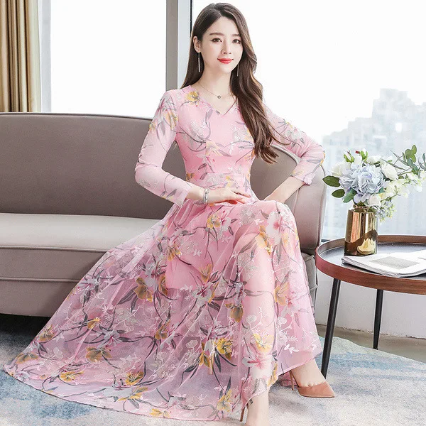

2019 Spring And Autumn New Style Long Sleeve Embroidery Dress Women's Waist Hugging Cover Belly Elegant Debutante over-the-Knee
