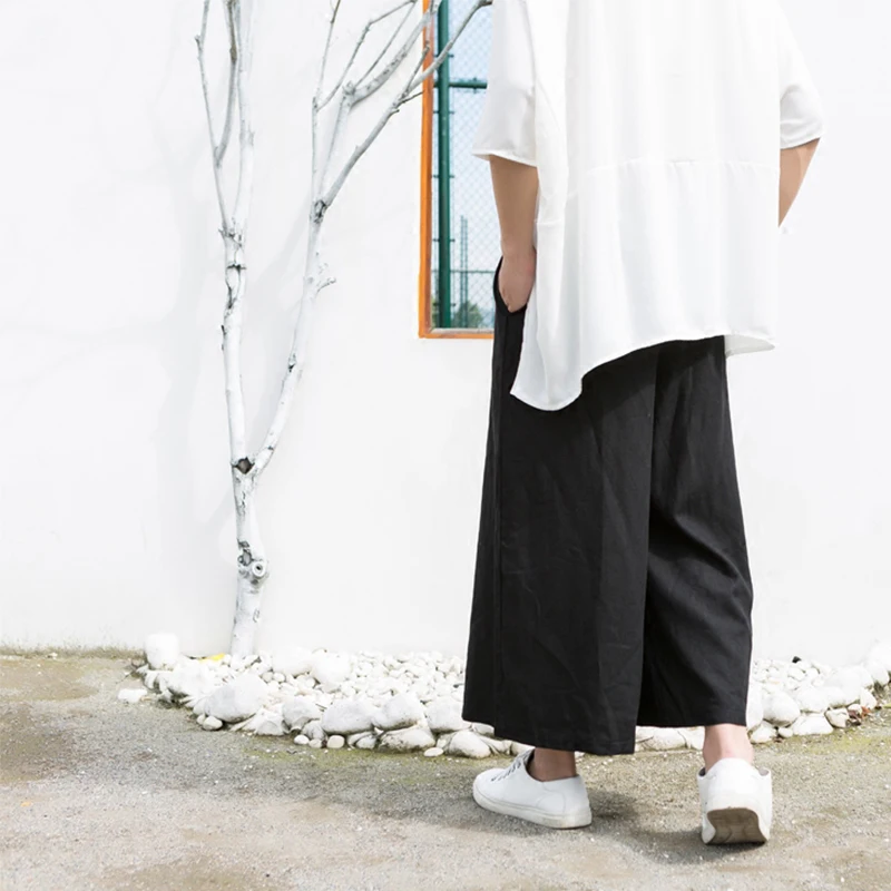 Korean version of the trend of nine points pants tide men's pants linen cloth wide-leg cotton linen skirt loose Chin