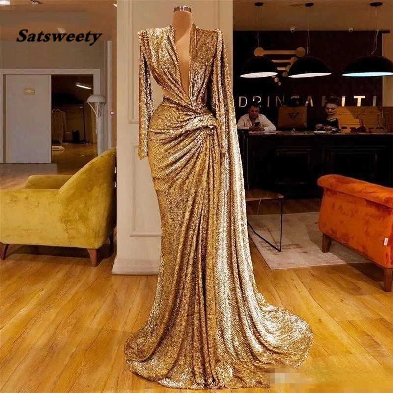 

Sparkly Sequined Gold Evening Dresses With Deep V Neck Pleats Long Sleeves Mermaid Prom Dubai African Party Gown