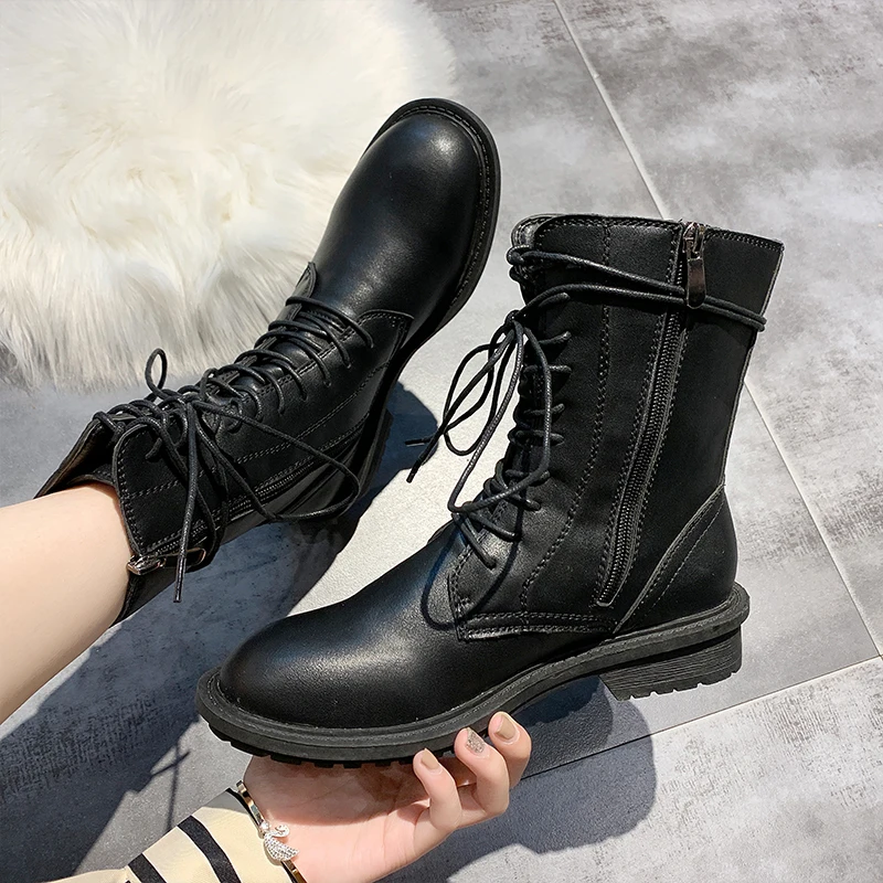 

Bootee Woman 2019 Lolita Boots Low Heels booties Shoes Booties Ladies Lace Up Martins For Women Round Toe Mid Calf Riding