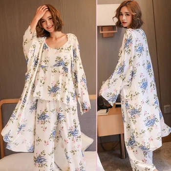 

Pyjama sets 3 pieces women printed robe Femme Sexy Nightwear bathrobe home clothing Pajamas Nightie Sleepwear Autumn lingerie