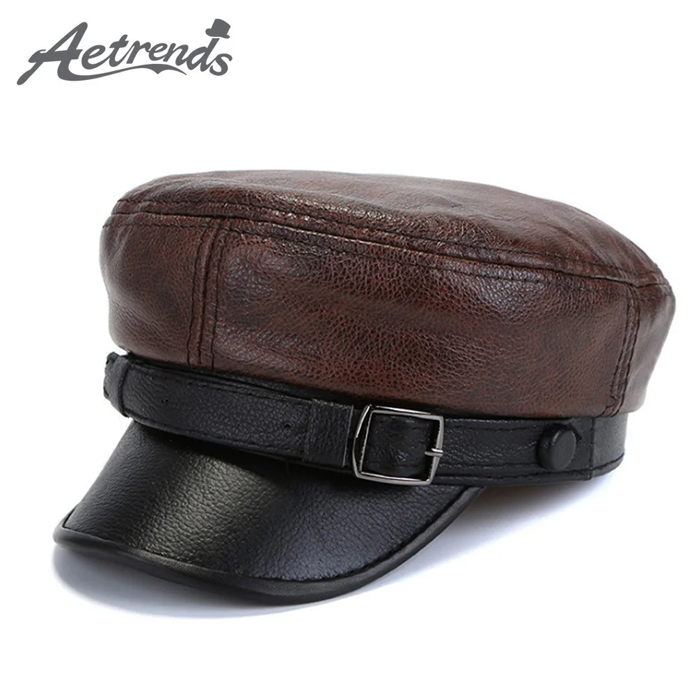  [AETRENDS] Winter 100% Leather Military Hats for Men Flat Cap Dad Hat Genuine Leather Captain Army 