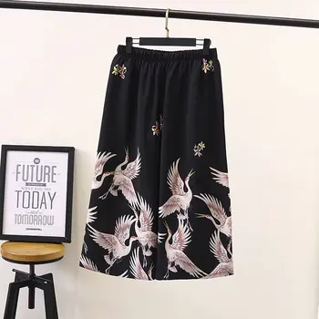 

Women's Spring European Fashion crane print vintage Long Pants Female national wide leg short pants Trousers TB3408