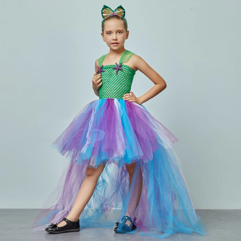 Mermaid Flower Girl Tutu Dress with Trail Kids Summer Wedding Under the Sea Birthday Couture Starfish Costume Girls Ball Gown (6)