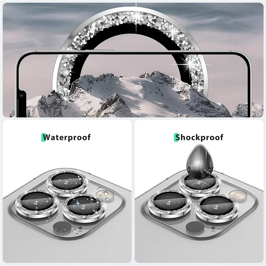 Diamond Glitter Camera Lens Protector On For iPhone 13 12 11 Pro Max Mini Metal Ring Lens Glass On iPhone 13 Pro Max Protective