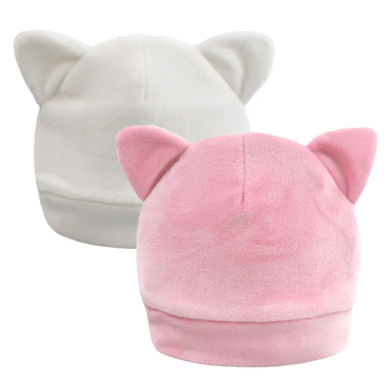 Pink Cat Set 2 Кепка для новорожденных девочек; эластичная Кепка из полиэстера для маленьких мальчиков; мягкая шапка с хлопковой подкладкой для младенцев; сезон зима-весна; теплая шапочка с милыми ушками - Цвет: Pink Cat Set 2