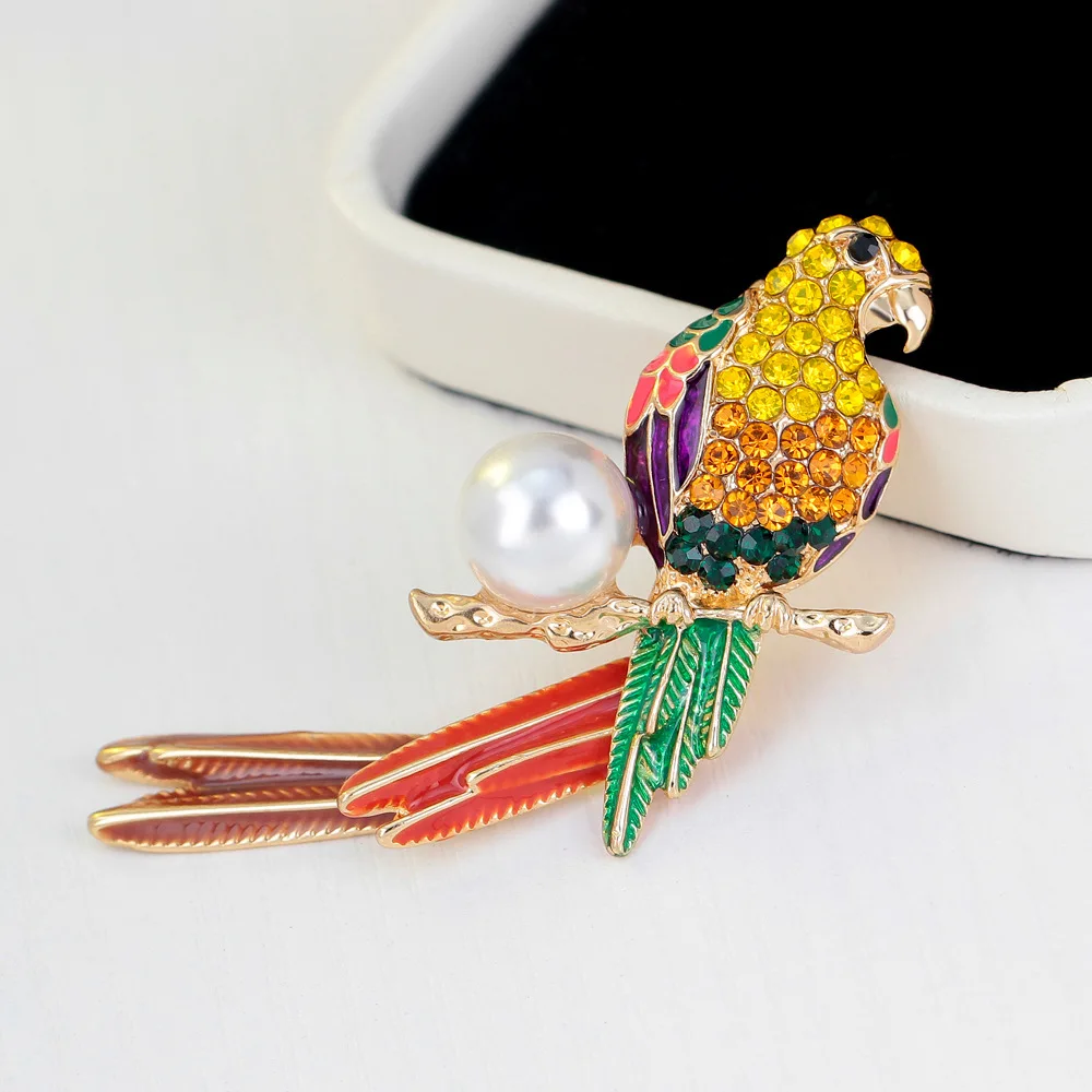 

New Style Crystal Enamel Pearl Parrot Brooch Korean-style Rhinestone Corsage Clothing Pendant AliExpress