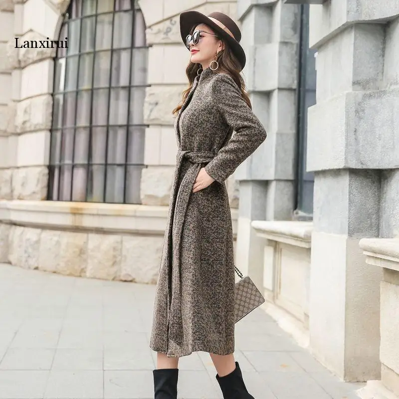 Элегантное тонкое длинное женское пальто, теплое зимнее однобортное пальто с поясом, офисные женские шерстяные пальто, верхняя одежда высшего качества