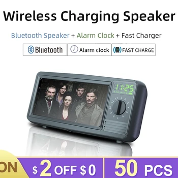 

Wireless Charging Bluetooth Speaker Fast Wireless Charger For iPhone Samsung Holder Retro TV Wireless Speaker TF USB Alarm Clock