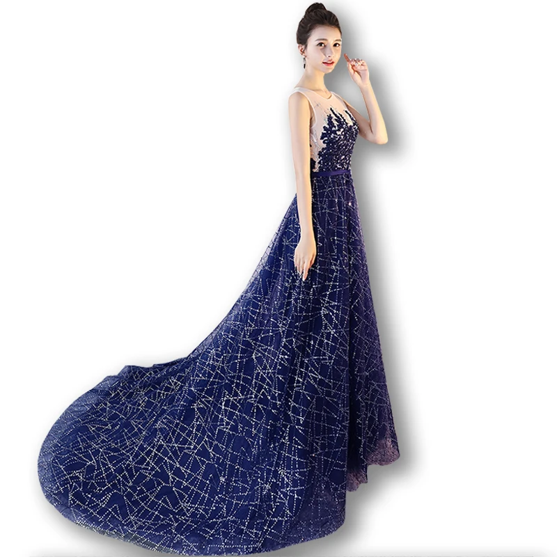 

Luxe Blauw Plus Lange Banket Jurk Kant Studded Kralen Receptie Banket mouwloze Jurk Tulle Prom Jassen Vestido WZ623