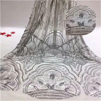 

Latest silver sequence African french net wedding lace fabrics high quality glitter embroidered tulle mesh organza sequins lace