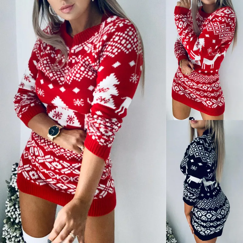 Christmas Sweater Slim Dress Knitted Sexy Plus-Size Womens Long-Sleeved Top Warm Winter