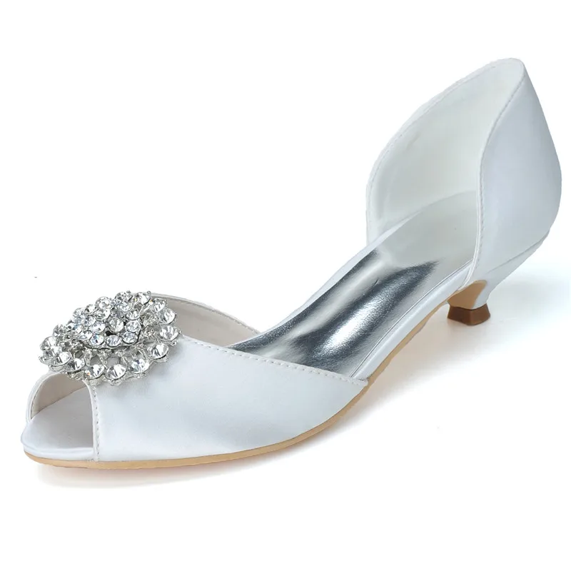 OnnPnnQ/свадебные атласные туфли на низком каблуке с кристаллами для невесты, с открытым носком, без шнуровки, под вечернее платье, женские туфли-лодочки