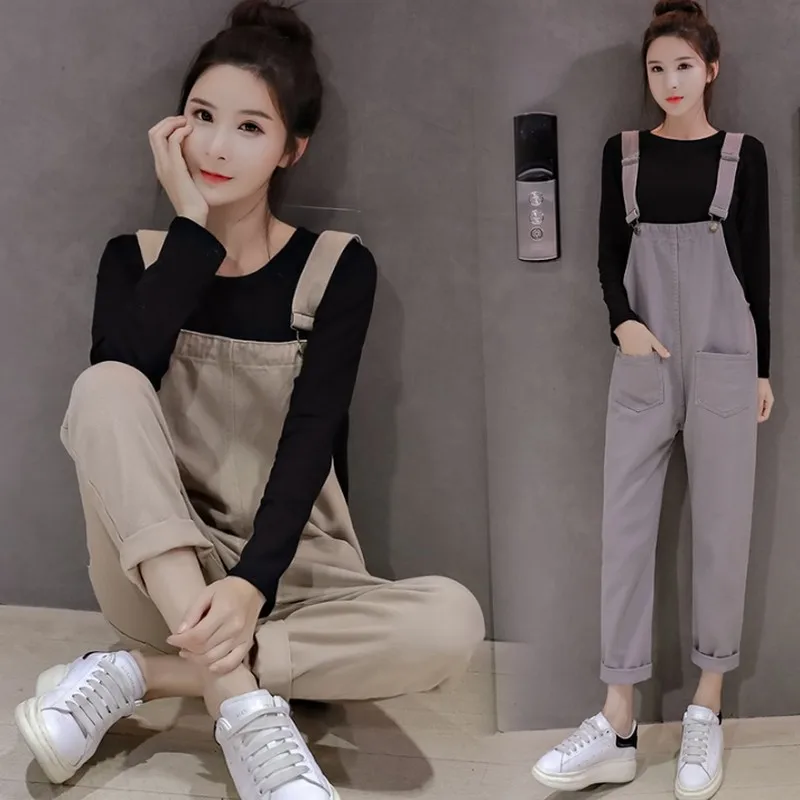 Комбинезоны женские Осенние корейские однотонные с карманами джинсы