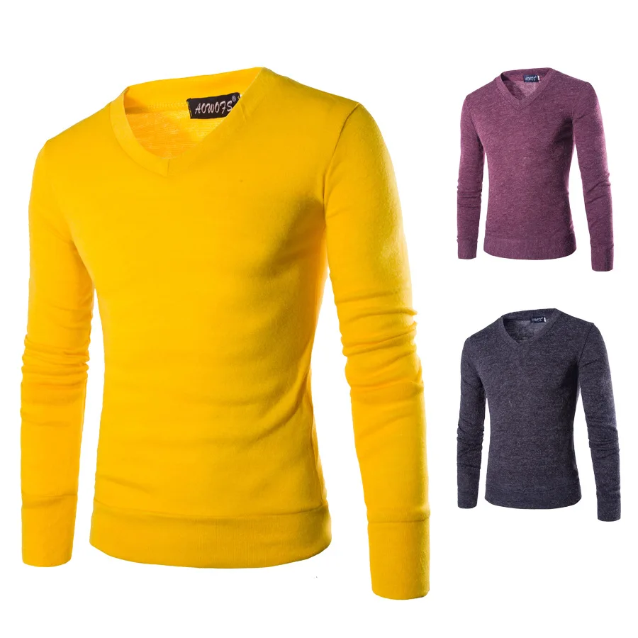 Осенний мужской вязаный свитер с v-образным вырезом, однотонный приталенный пуловер, повседневный весенний тонкий свитер с длинным рукавом, красный, черный, желтый, серый