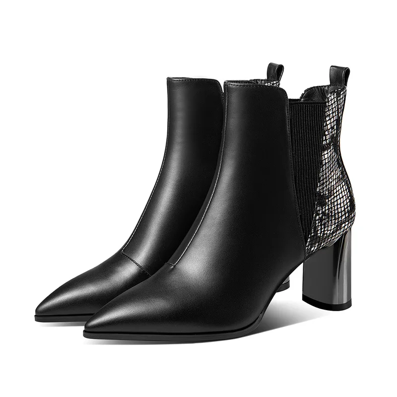 

Shoes and boots women's autumn and winter leather boots pointed thick high-heeled boots color matching plating with boots women