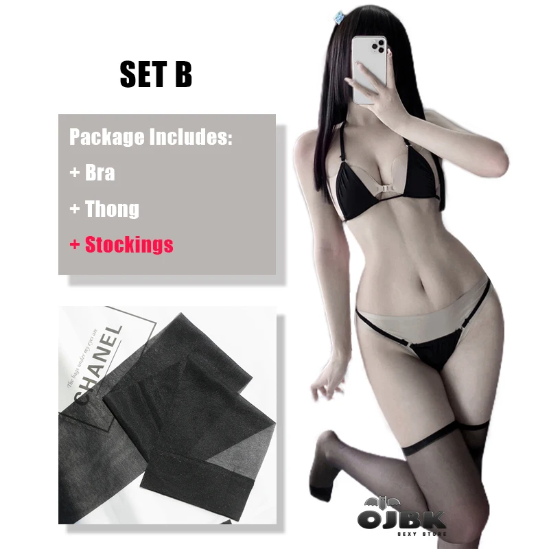 OJBK New Women Underwear Set Mini Halter String Triangle Bra And Thong Bikini Two Piece Swimsuit Cosplay Costumes For Girls 2021 sexy bra panty set Bra & Brief Sets