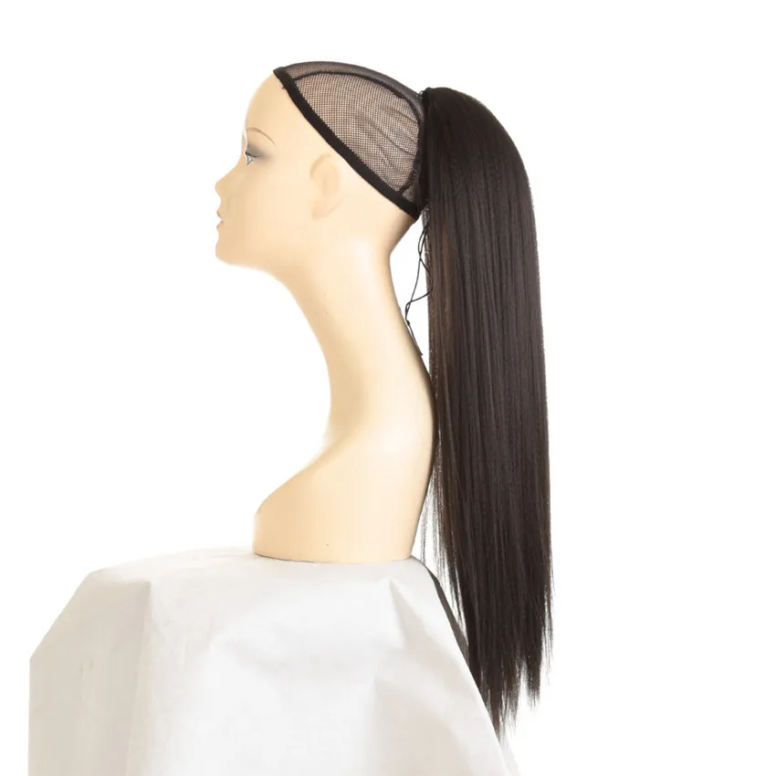 Женские прямые Синтетические длинные накладные волосы с хвостом пони из высокотемпературного волокна на заколках для женщин Черного/темно-коричневого цвета