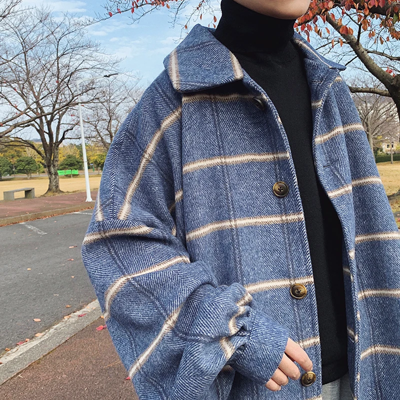 Winter New Woolen Coat Men Fashion Retro Casual Plaid Jacket Coat Man Streetwear Wild Loose Bomber Jacket Male Clothes S-XL