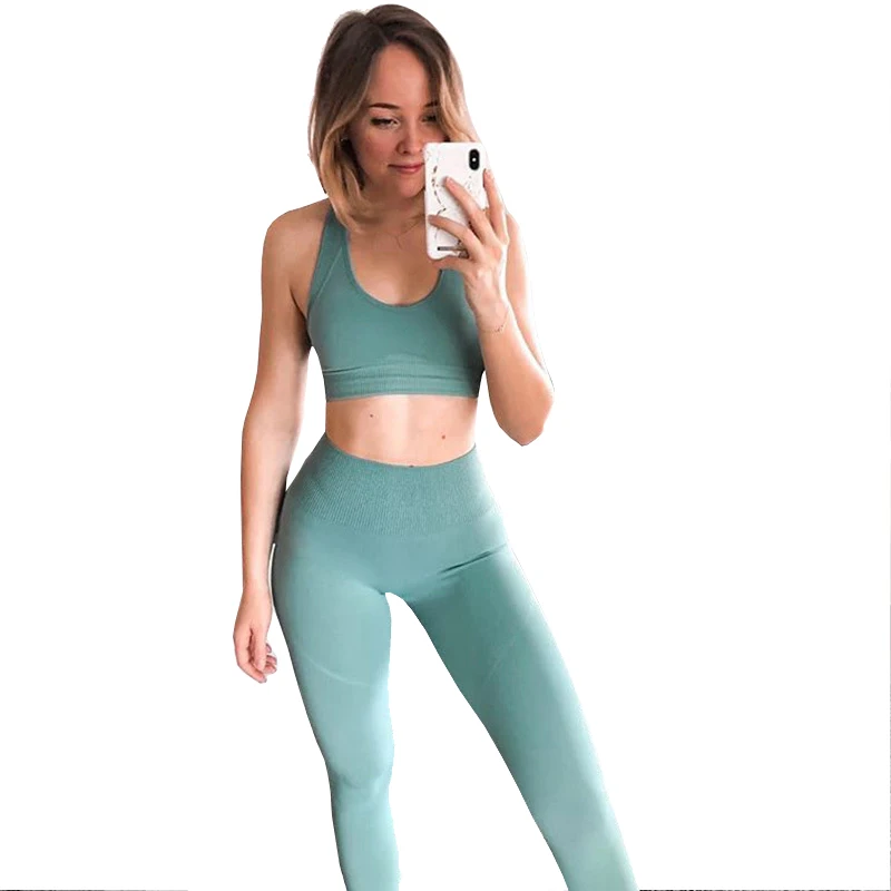 2 Pcs Yoga Sets Women Sportswear Crop Top Sport Leggings 12 Colors Gradient Knitted Seamless Fitness Gym Yoga Suit Mujer