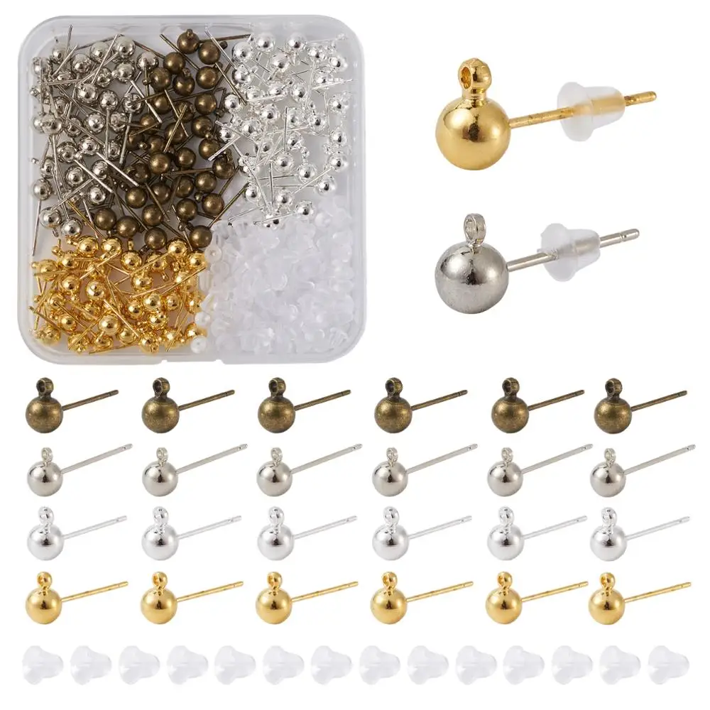 120pcs/box Mixed Color Brass Ball Post Stud Earring Findings with Loop and Plastic Ear Nuts For DIY Jewelry Making Accessories | Украшения