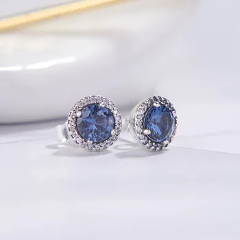 

2019 New Christmas Blue Round Sparkle Stud Earrings for women 925 Sterling Silver earring silver 925 brincos fine Memnon jewelry