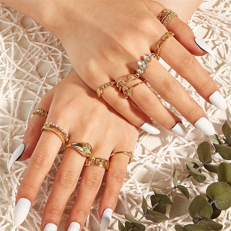 Conjunto anillos dorados brillantes, de anillos con patrón, joyería de fiesta, anillos, de mujer, anillo|Anillos| - AliExpress