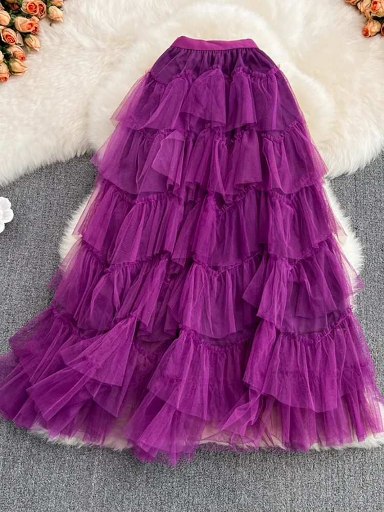 TIGENA Tutu Tulle Long Skirts Womens 2022 Spring Korean Solid A Line High Waist Mesh Tiered Maxi Skirt Female Faldas Aesthetic | Женская