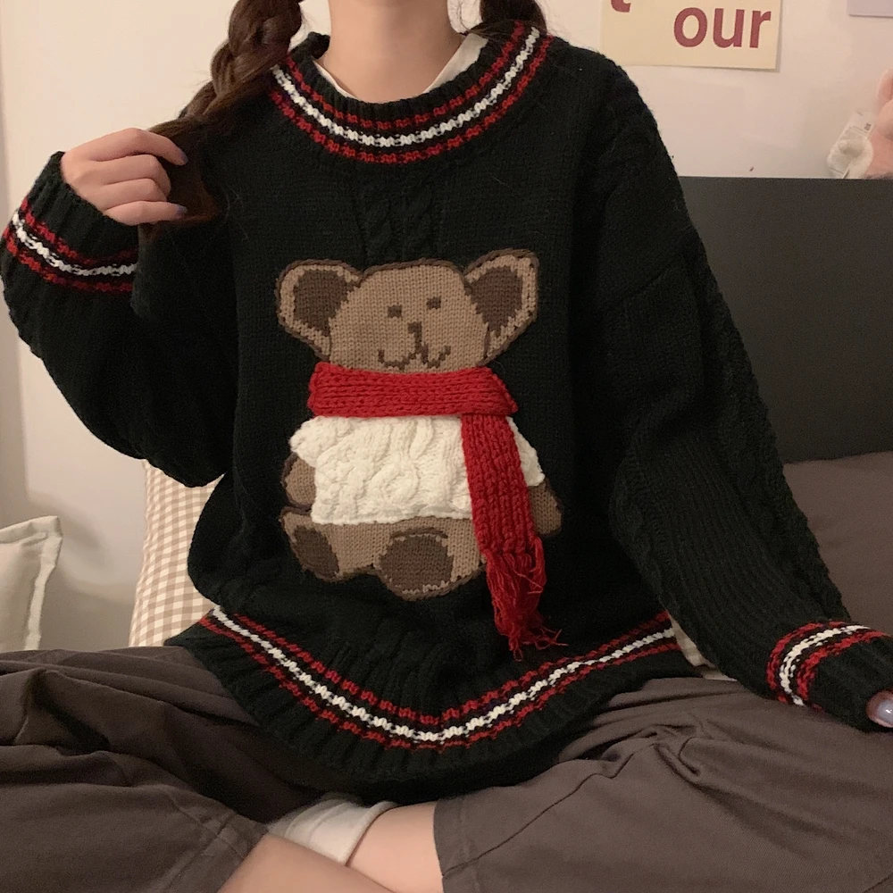 Вязаный объемный шарф ручной работы с объемным рисунком медведя для колледжа, пуловер с круглым вырезом и длинными рукавами, уродливые Рождественские свитера для женщин - Цвет: Черный