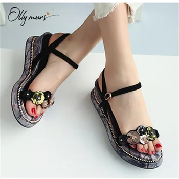 

OllyMurs New Fashion Spring Summer Black Green Women Sandals Sexy Open Toe Flower Buckle Strap Women Sandals Casual Shoes Woman